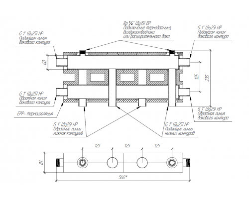 Модульный коллектор MK-60-3D.EPP (2+1 контура G 1″, 4D-кронштейны K.UMS)