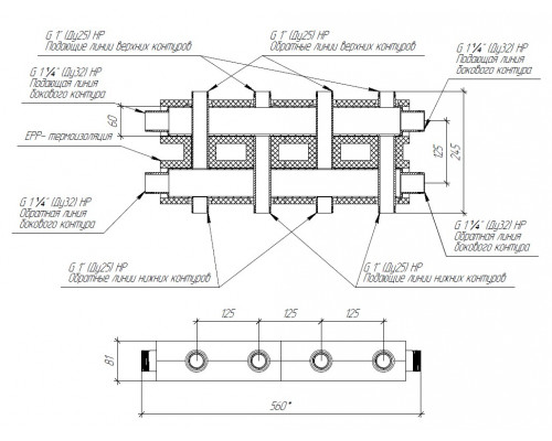 Модульный коллектор MK-100-4DU.EPP (2+2 контура G 1″, EPP-термоизоляция, 4D-кронштейны K.UMS)