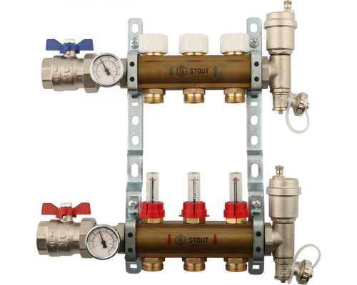 Распределительный коллектор из латуни с расходомерами 3 вых.