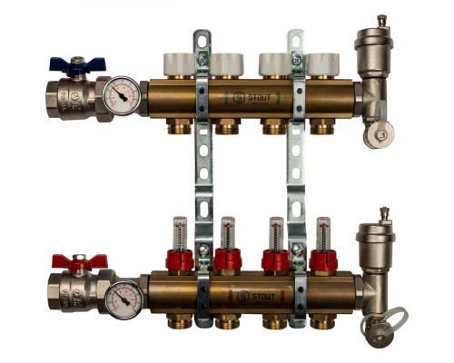 Распределительный коллектор из латуни с расходомерами 4 вых.