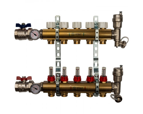 Распределительный коллектор из латуни с расходомерами 5 вых.