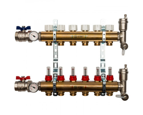 Распределительный коллектор из латуни с расходомерами 6 вых.