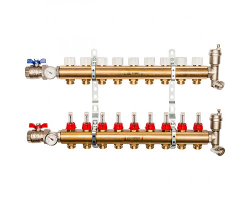 Распределительный коллектор из латуни с расходомерами 9 вых.
