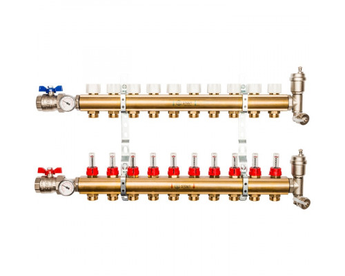 Распределительный коллектор из латуни с расходомерами 10 вых.