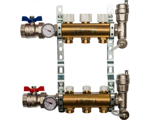 Распределительный коллектор из латуни без расходомеров 3 вых.