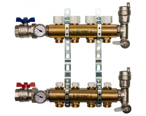 Распределительный коллектор из латуни без расходомеров 4 вых.