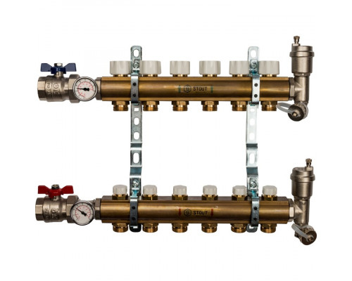 Распределительный коллектор из латуни без расходомеров 6 вых.