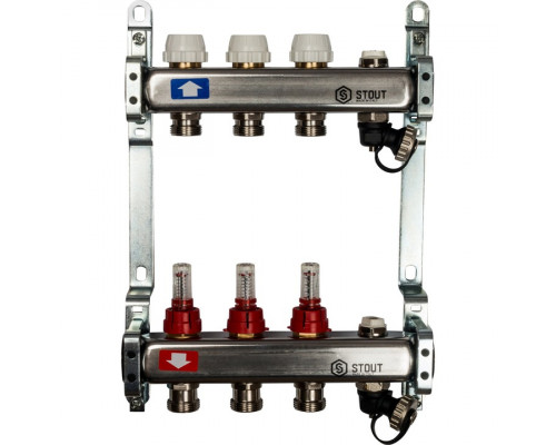 Коллектор из нержавеющей стали с расходомерами, с клапаном вып. воздуха и сливом 3 вых.