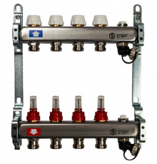 Коллектор из нержавеющей стали с расходомерами, с клапаном вып. воздуха и сливом 4 вых.