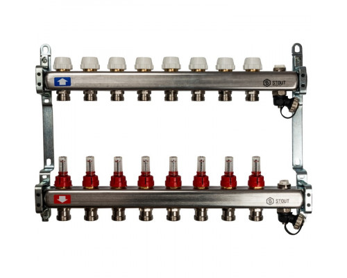Коллектор из нержавеющей стали с расходомерами, с клапаном вып. воздуха и сливом 8 вых.